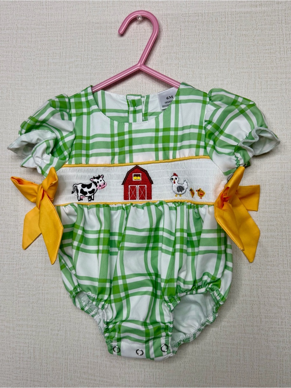 green plaid smocked baby bubble romper farm animal embroidery size 3-6 months